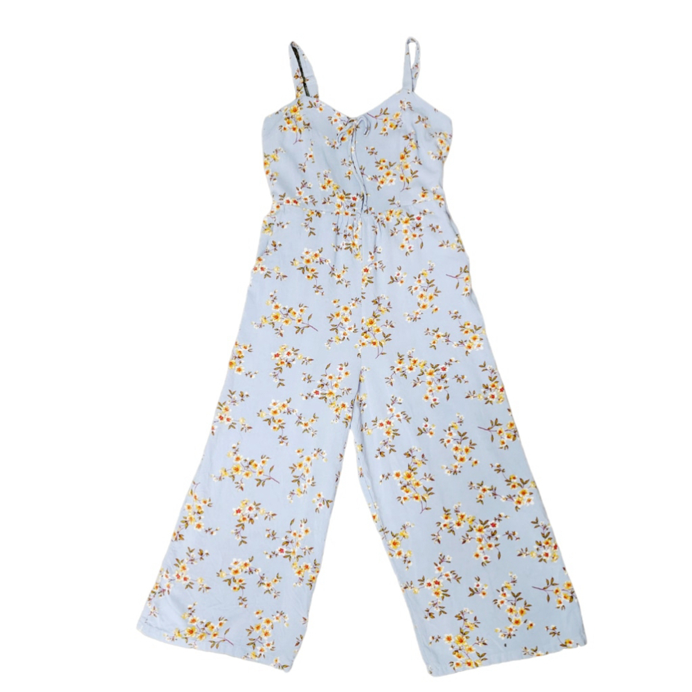Xhilaration Jumpsuit: Blue Floral Sleeveless Cropped Wide Leg- Size Medium